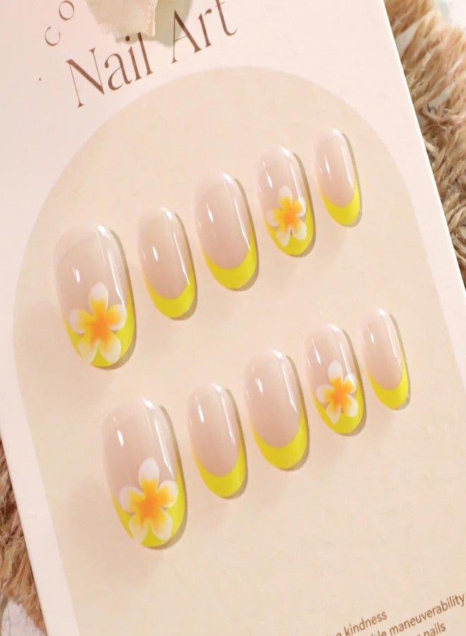 Foccna 24Pcs Press on Nails Short Almond Fake Nails with Flower Designs Nude Yellow Glossy Full Cover Stick on Nails Acylic Nails for Women and Girls - Image 3